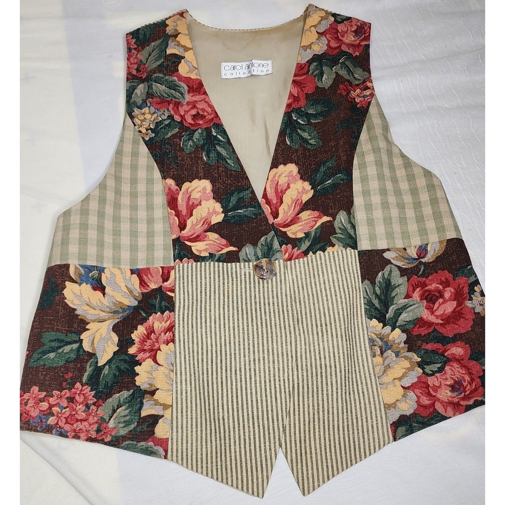 Vintage Womens Carol Antone Collection Patchwork Vest Sz M Floral Artsy Bohemian